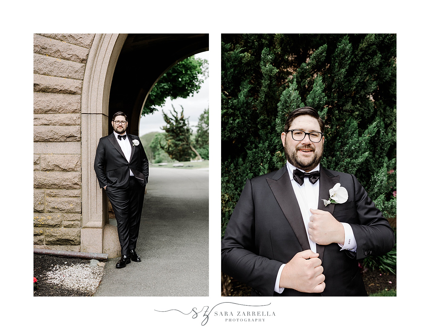 groom poses against wall at OceanCliff Hotel in black suit with white boutonnière 