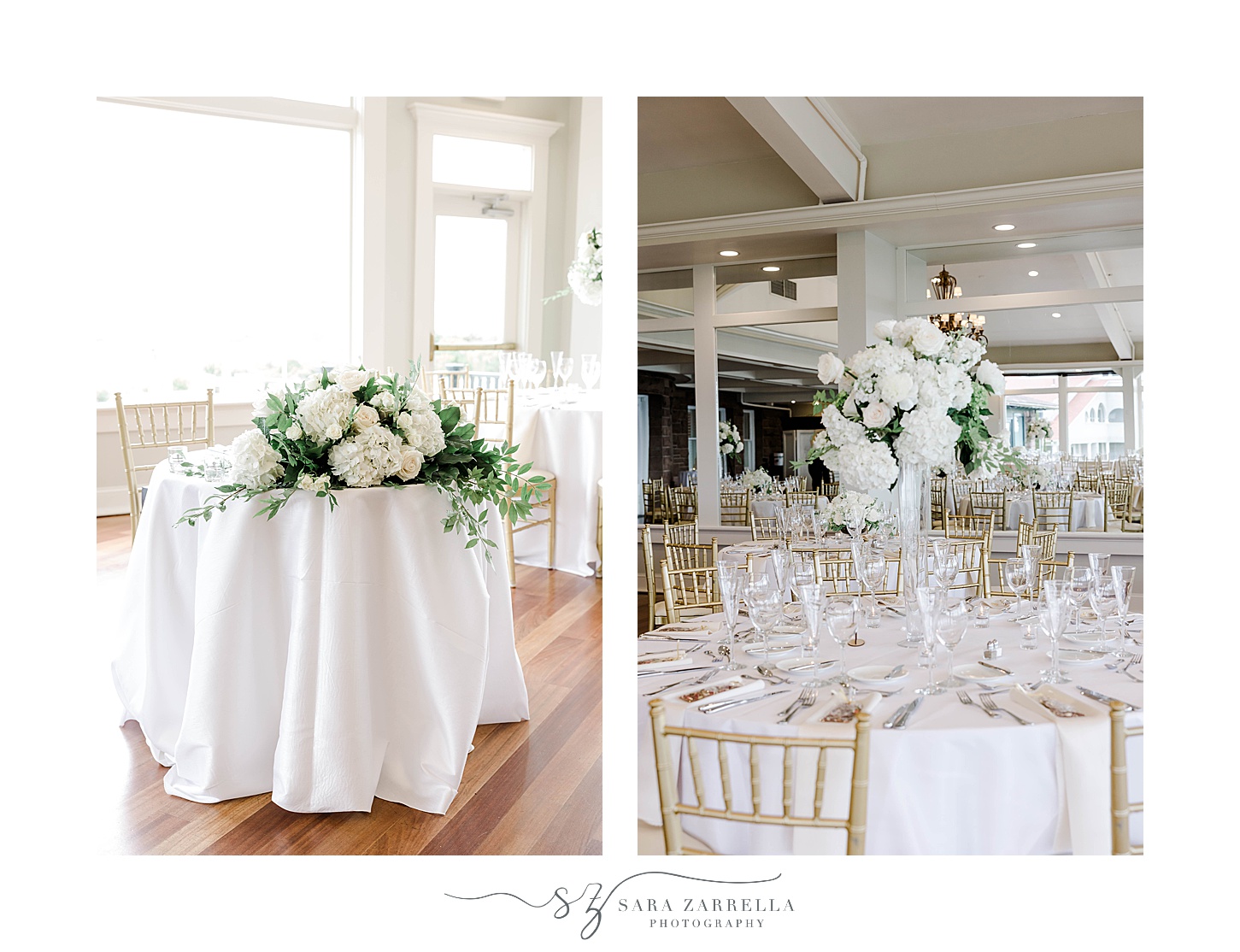 spring OceanCliff Hotel wedding reception with white and gold details