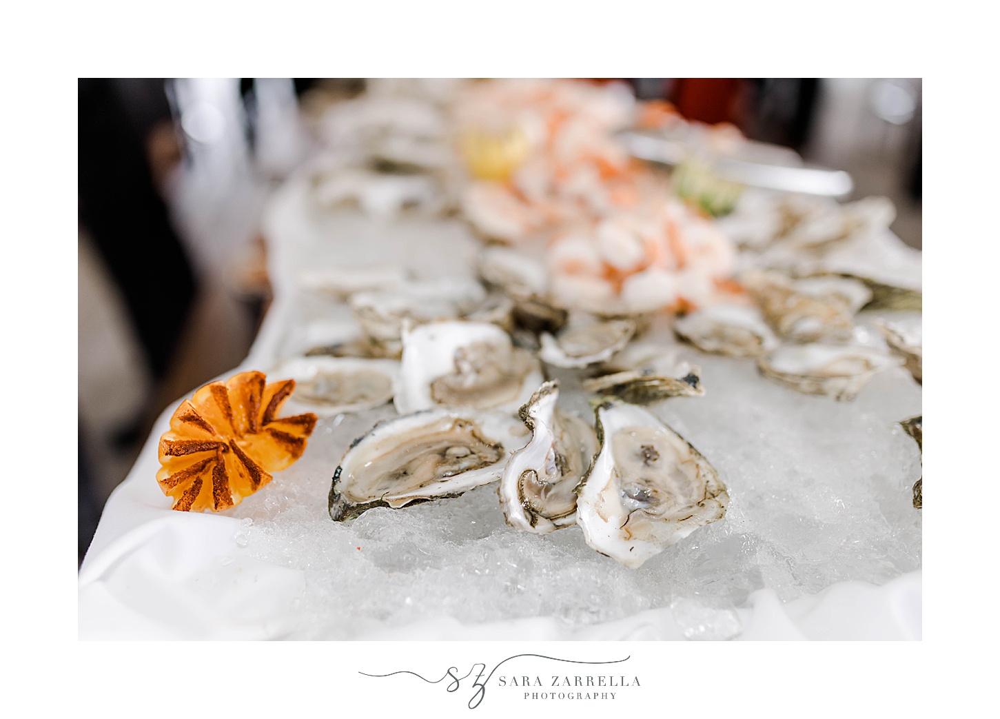 oysters lay on ice during Newport RI wedding reception 