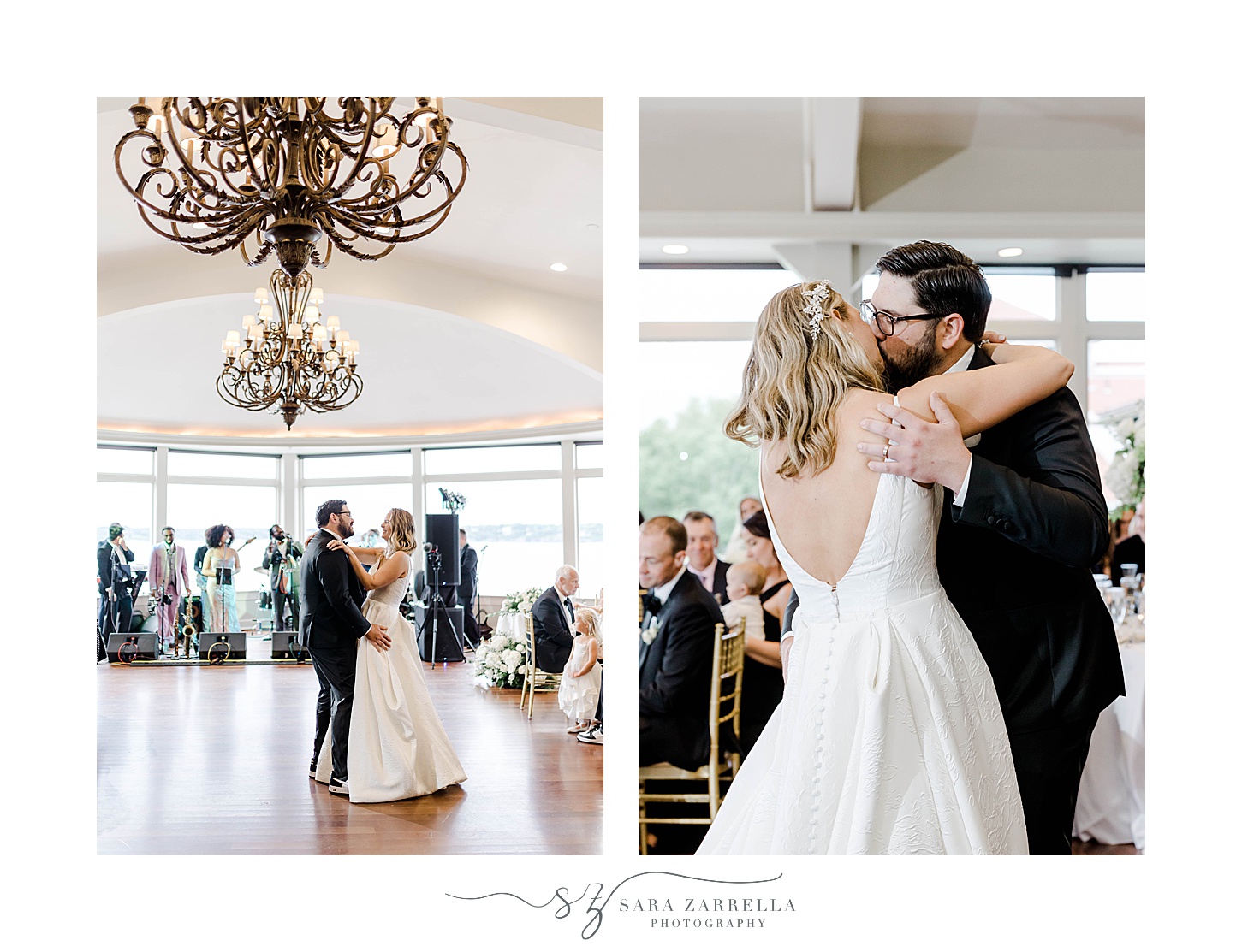 bride and groom kiss on dance floor during spring OceanCliff Hotel wedding reception