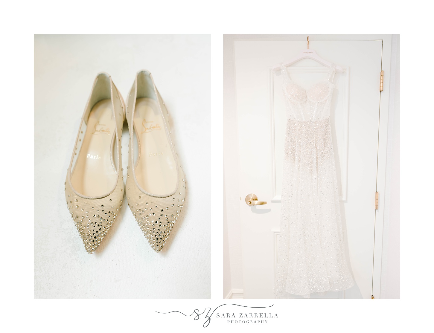 bride's dress hangs on closet door with gold shoes 