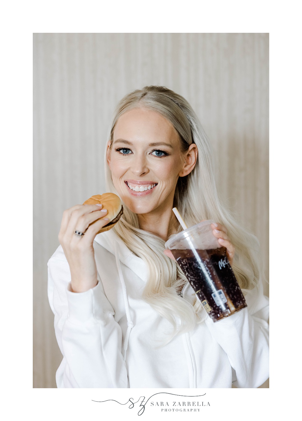 bride eats McDonalds' hamburger and Diet Coke on wedding day