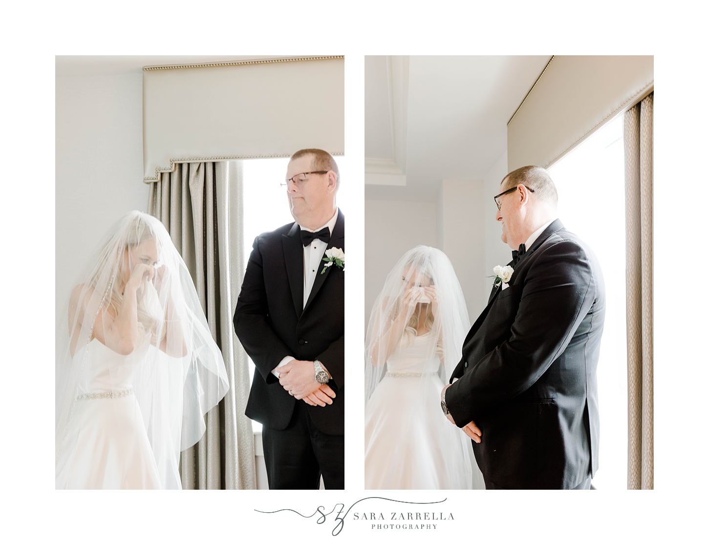 dad and bride have first look during wedding day prep at the Omni Providence Hotel