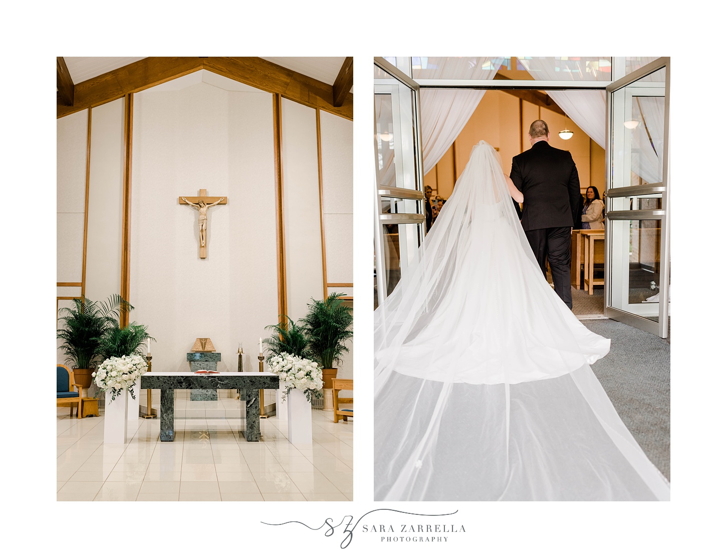 bride walks down aisle with dad at St. Michael’s Parish in Smithfield