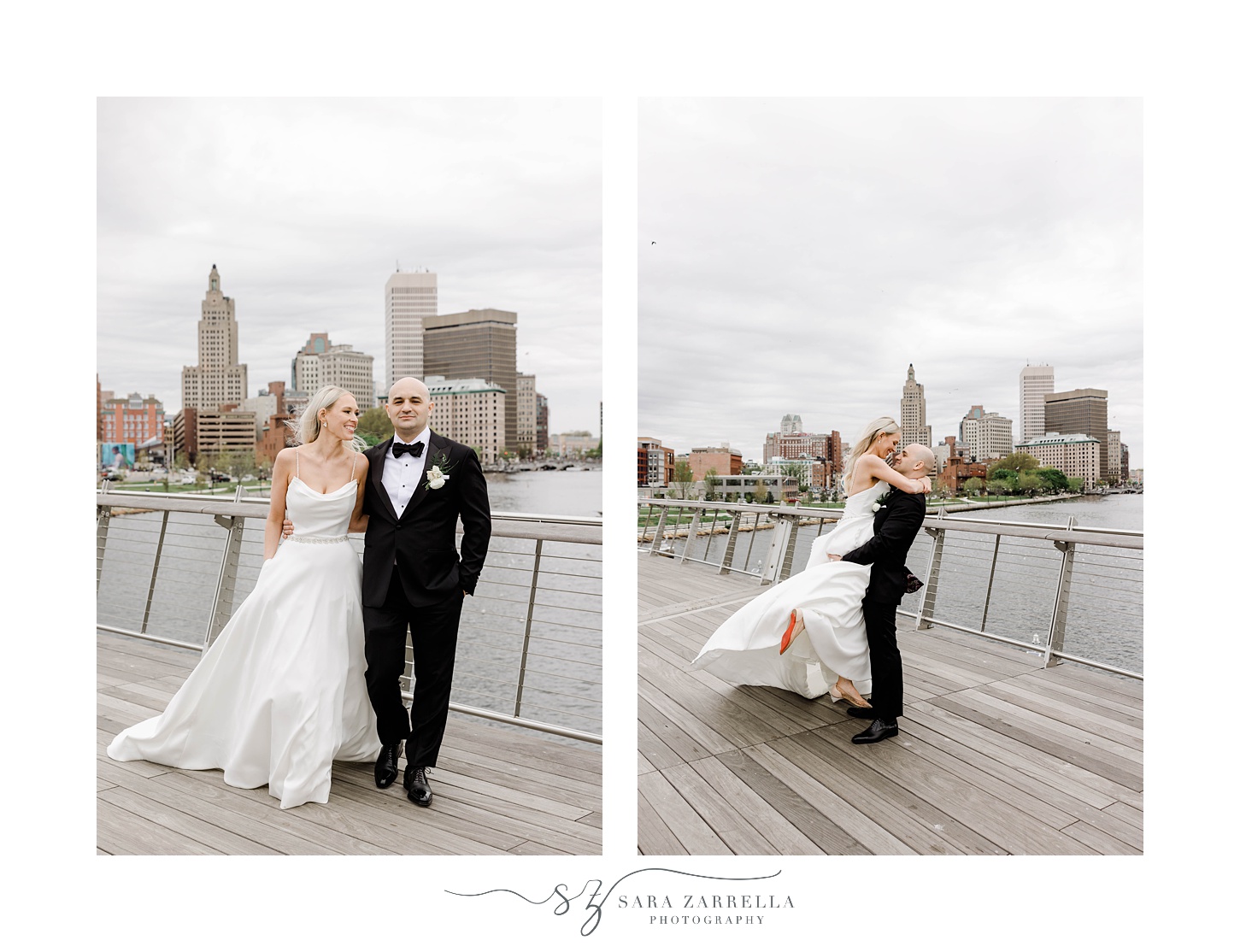 bride and groom hug on the Providence pedestrian bridge