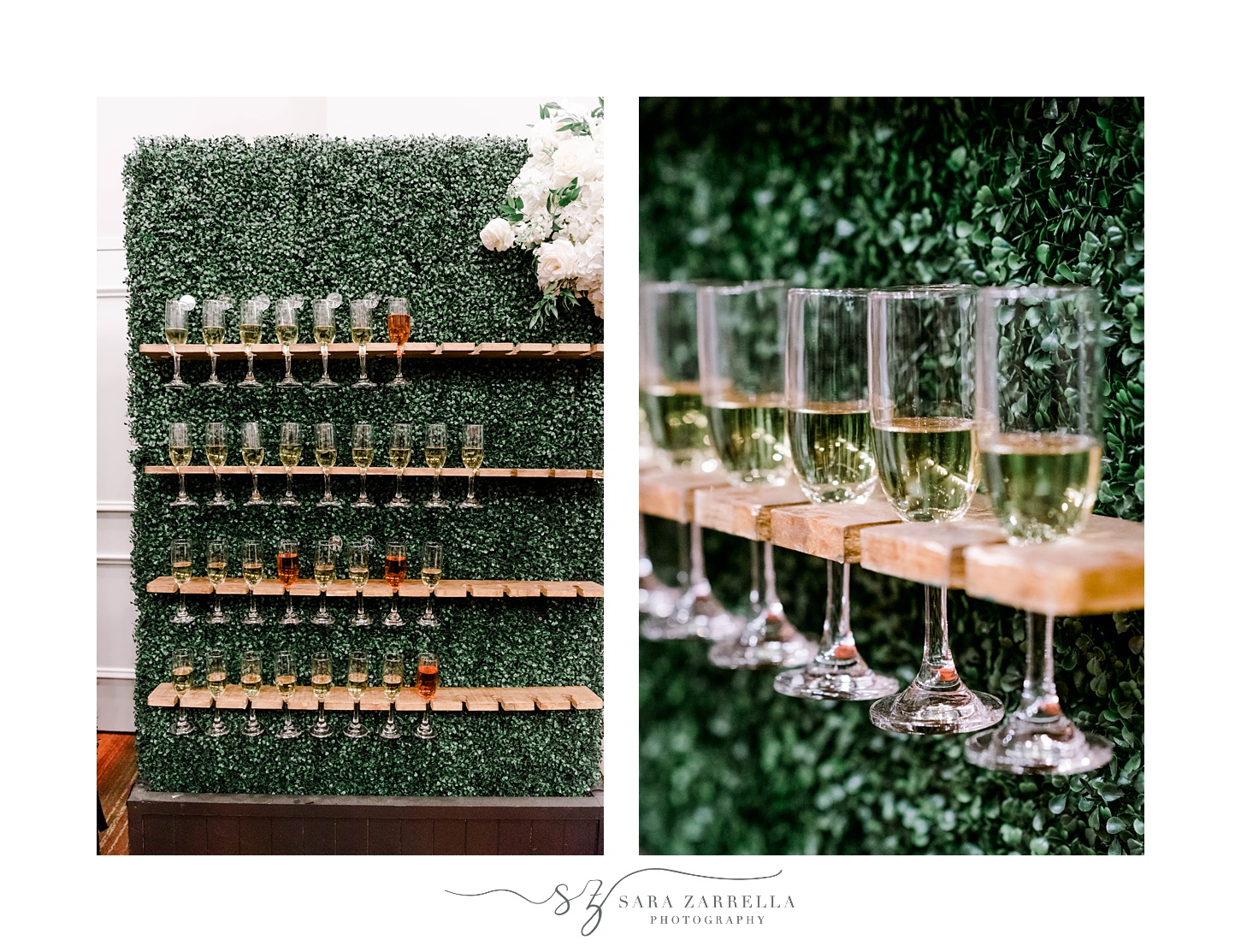 champagne wall for reception at Omni Providence Hotel wedding reception 