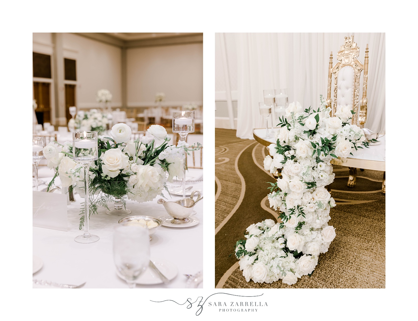 Omni Providence Hotel wedding reception sweetheart table with flowing white flowers 
