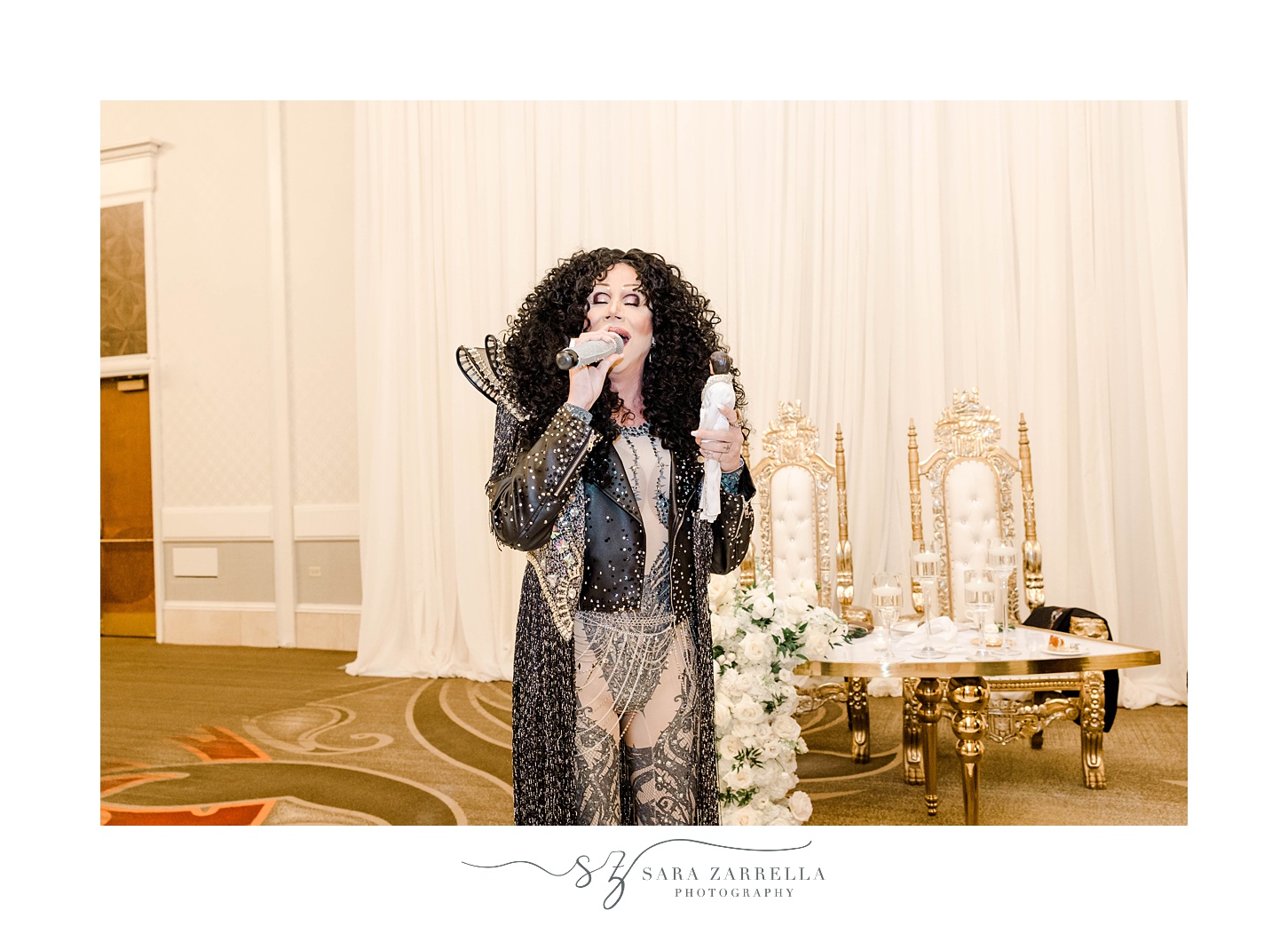 Cher impersonator talks during Omni Providence Hotel wedding reception