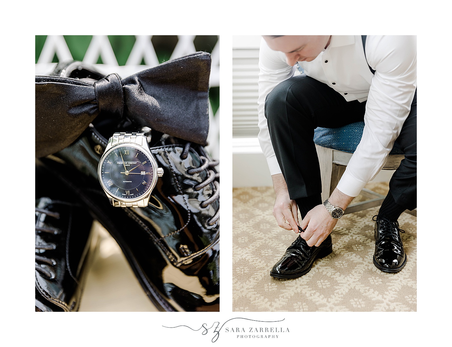 groom puts on black shoes before MA wedding