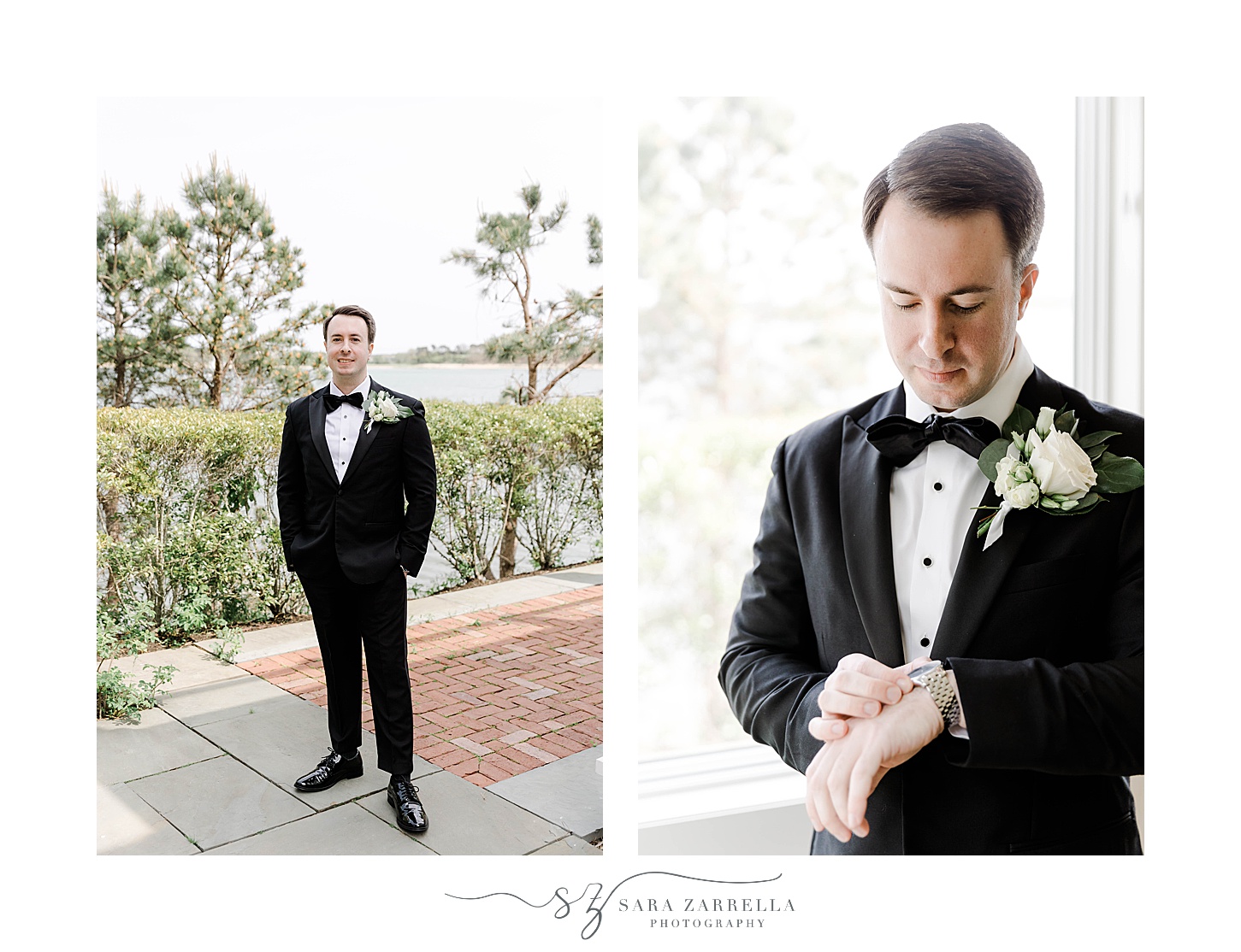 groom adjusts cufflinks for classic black suit before Wequassett Resort wedding 