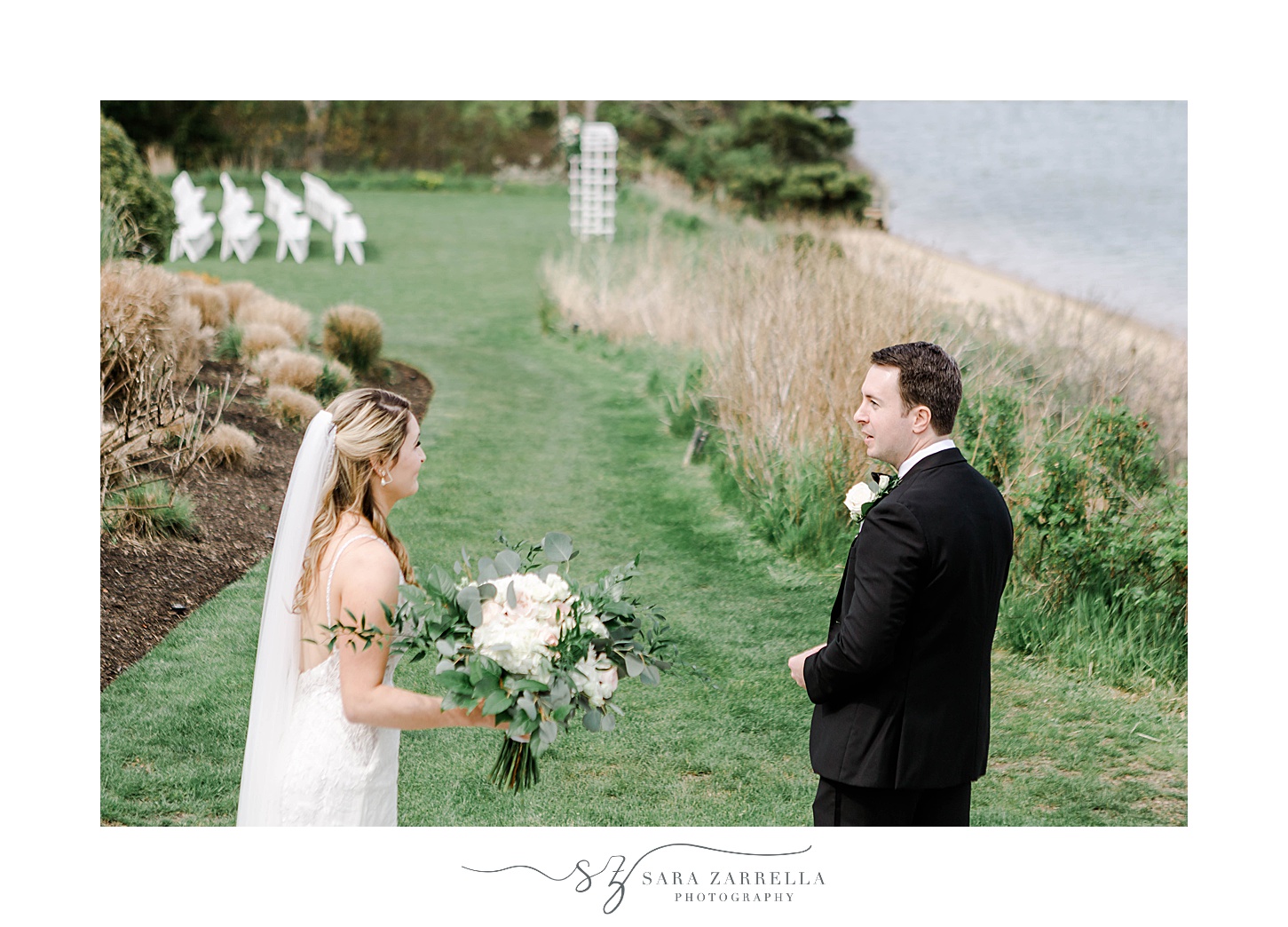 groom turns to look at bride during first look at Wequassett Resort