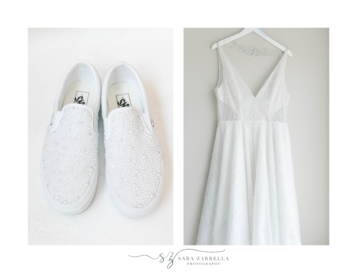 bride's wedding dress hangs on wall next to white sparkling shoes 