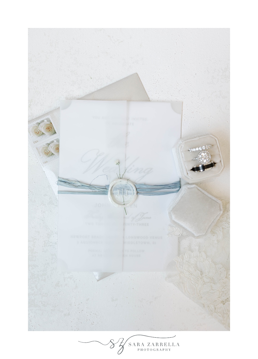 white and pastel blue invitation suite for elegant Newport Beach House wedding 