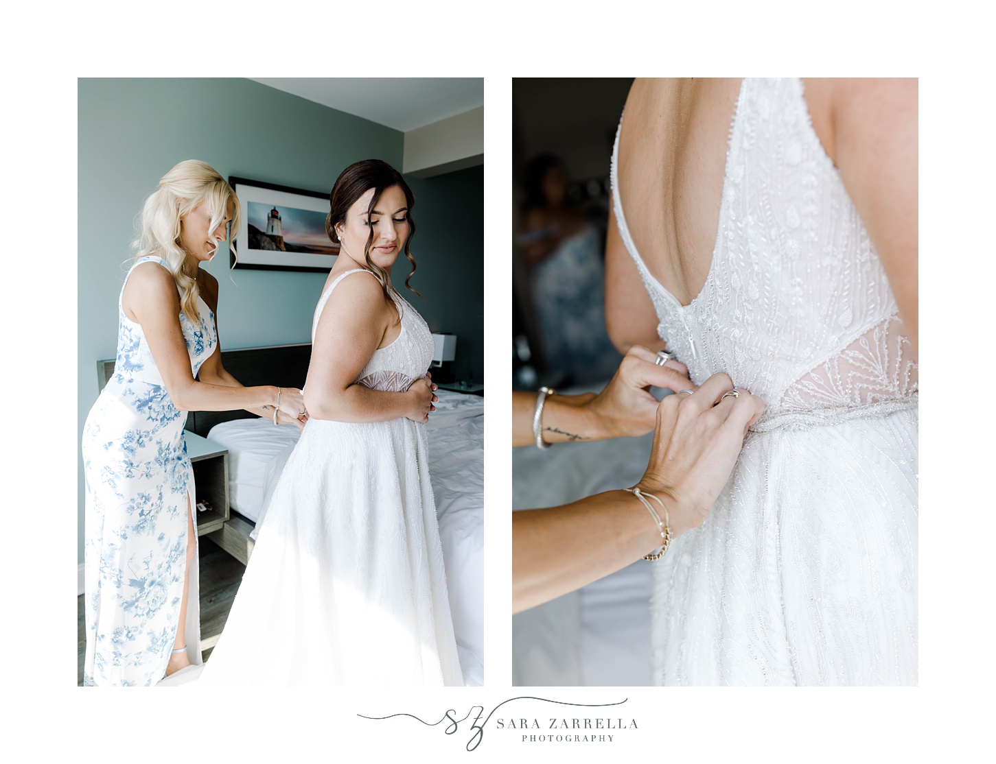 mother helps bride into wedding dress adjusting buttons