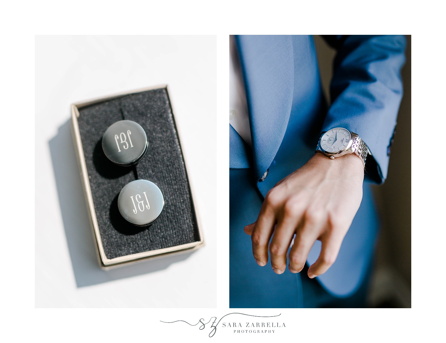 groom shows off watch and custom cufflinks for elegant Newport Beach House wedding