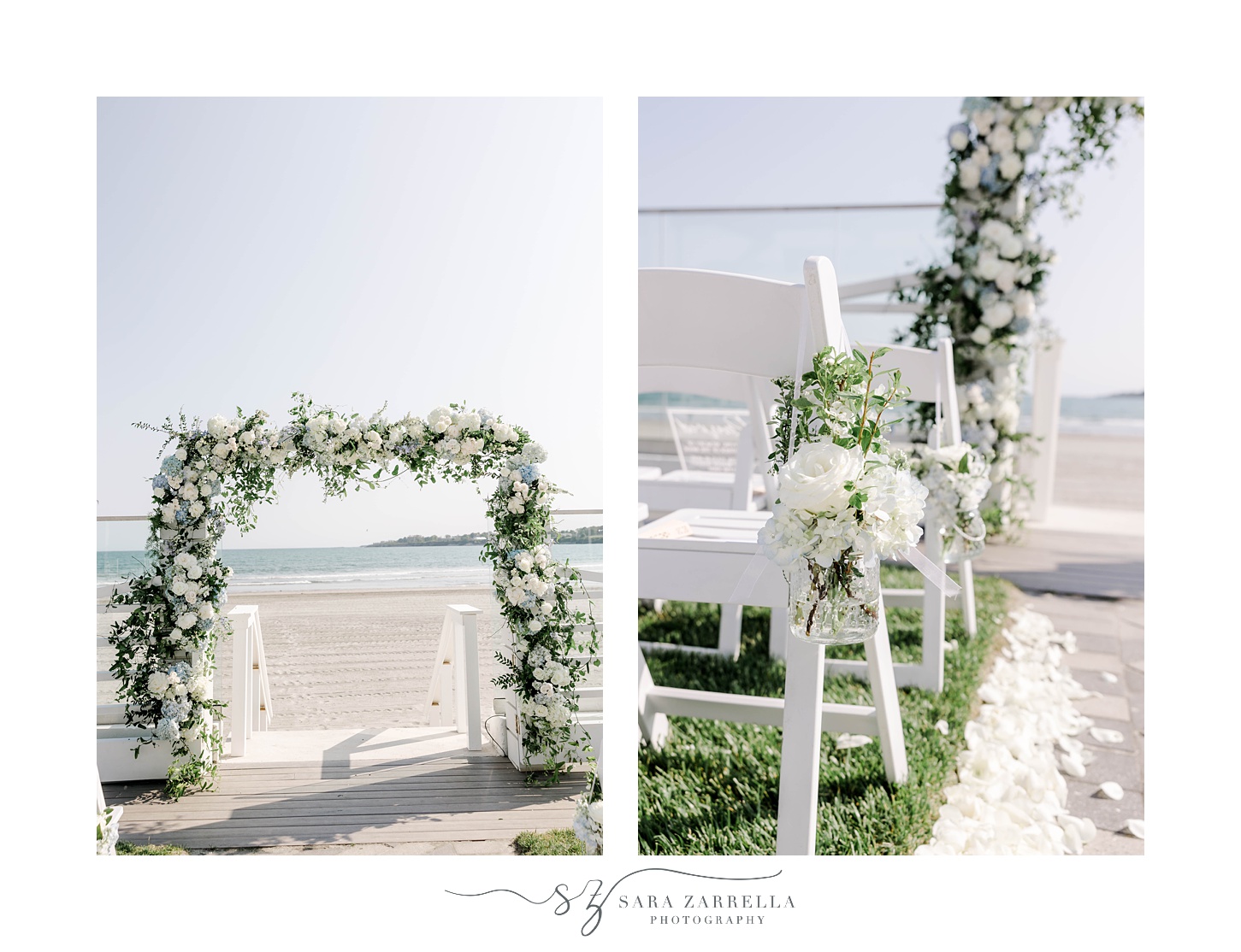 ceremony site for Newport Beach House wedding with white flower arbor