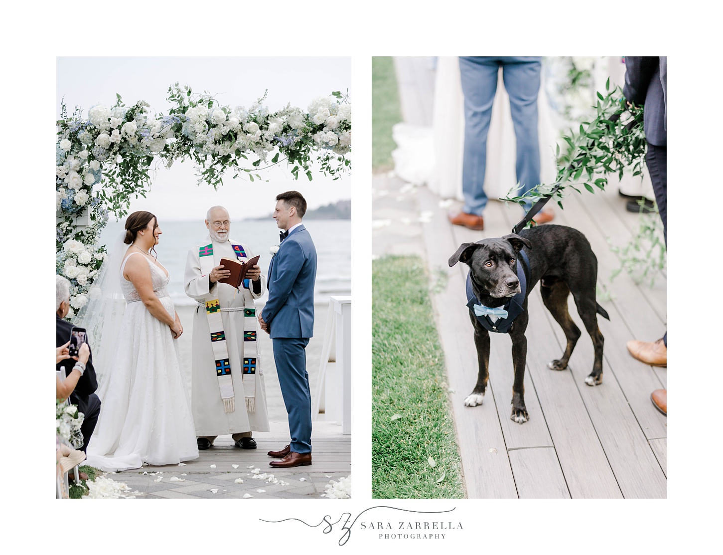 newlyweds hold hands during Newport Beach House wedding ceremony with dog on leash by them