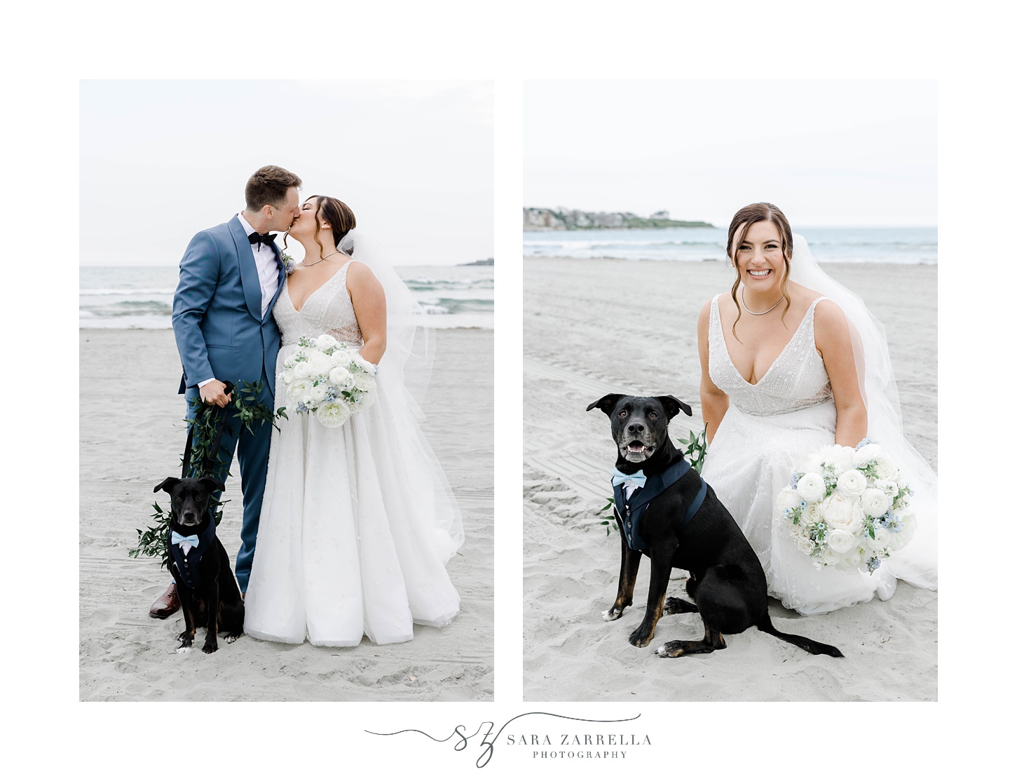 bride and groom kneel with black lab on beach 