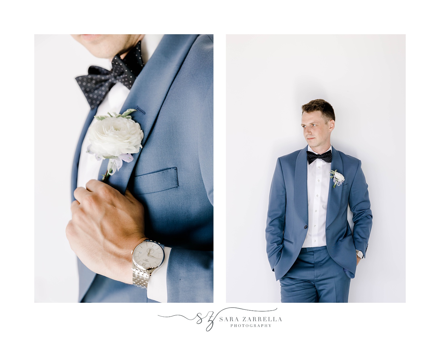groom holds lapel showing off white flower and watch at Newport Beach House