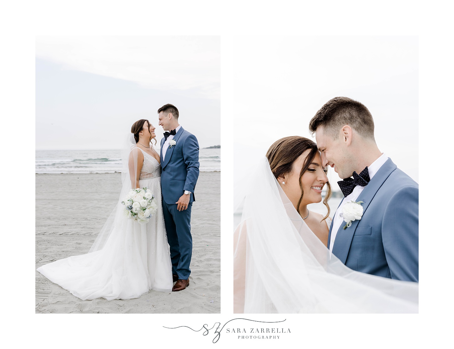 groom leans to kiss bride's forehead on Newport Beach