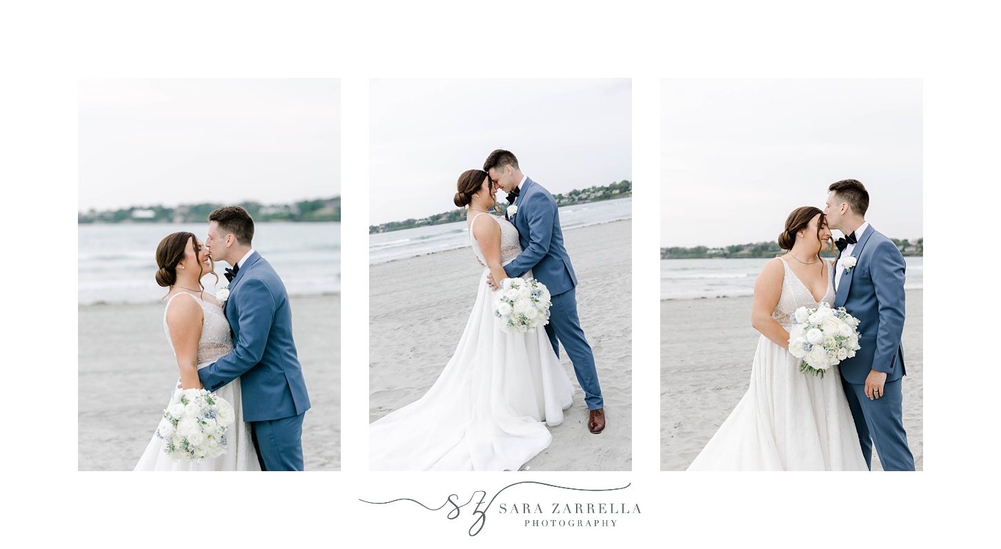 groom leans to kiss bride during portraits on Newport Beach