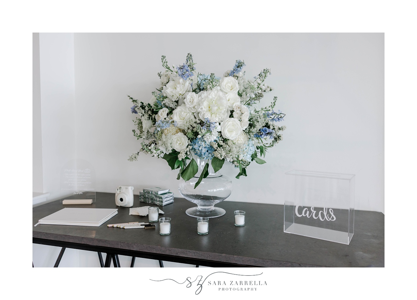 wedding reception welcome table with acrylic card box