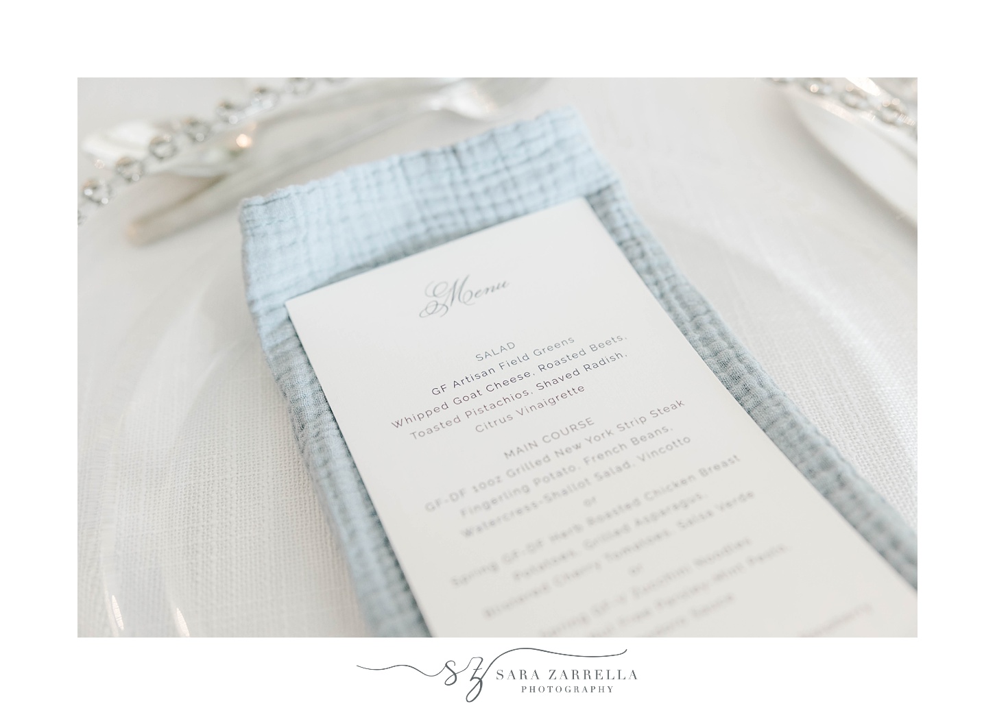 menu and blue napkins for elegant Newport Beach House wedding reception