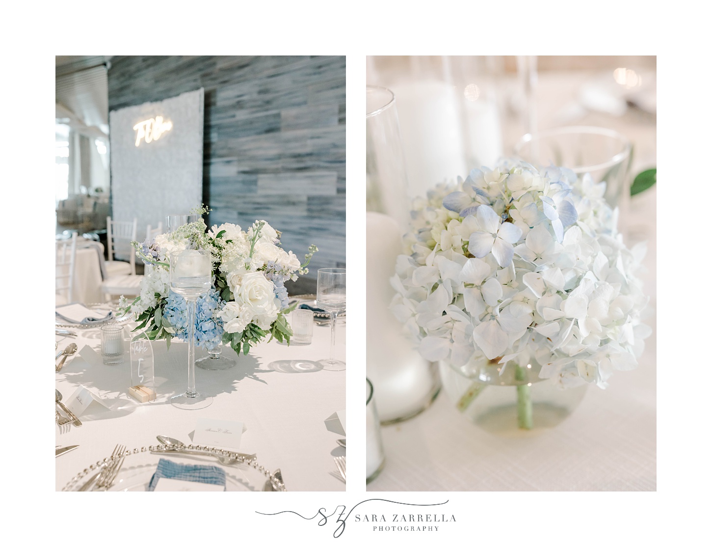 elegant Newport Beach House wedding reception with white and blue hydrangeas 