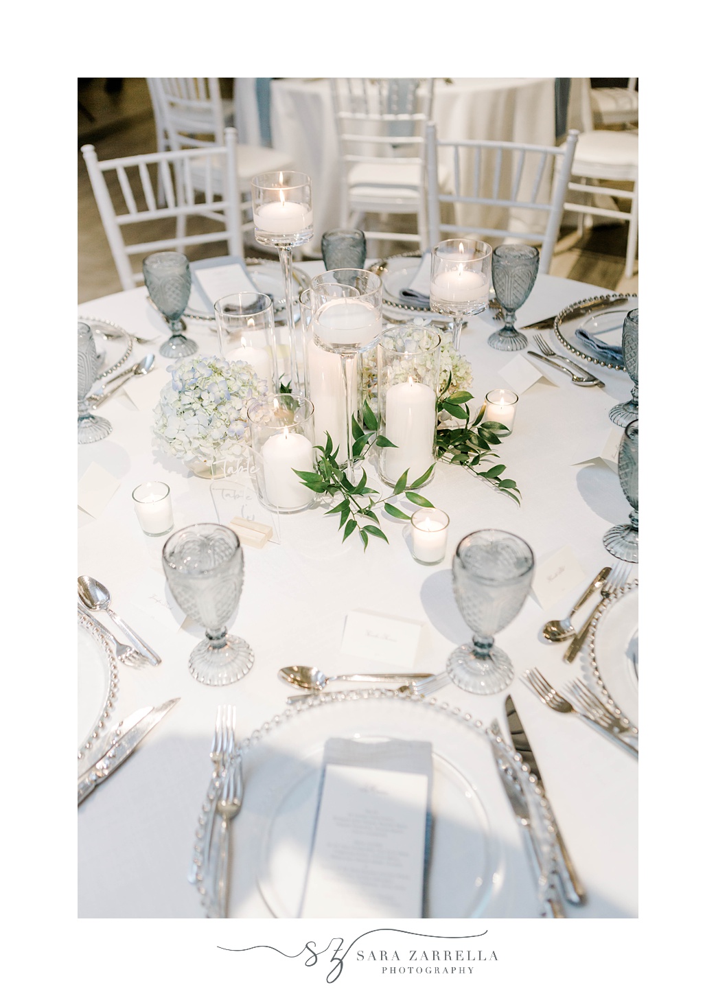 elegant Newport Beach House wedding reception with vintage blue glasses