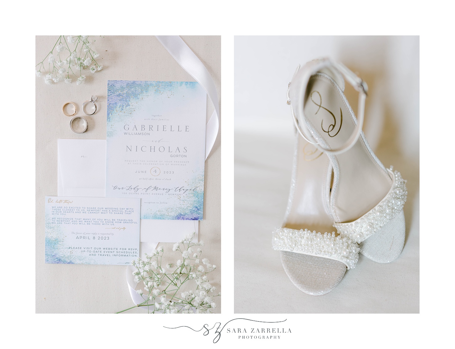bride's ivory shoes and blue and white stationery 