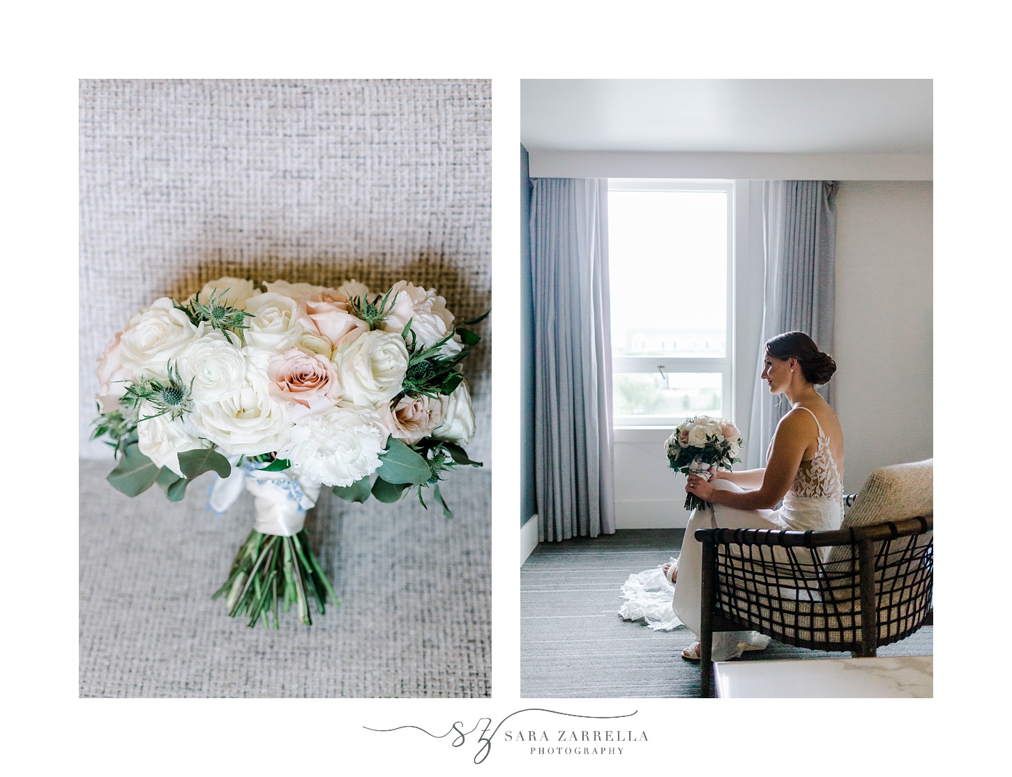 bride sits in suite at OceanCliff Hotel holding bouquet 