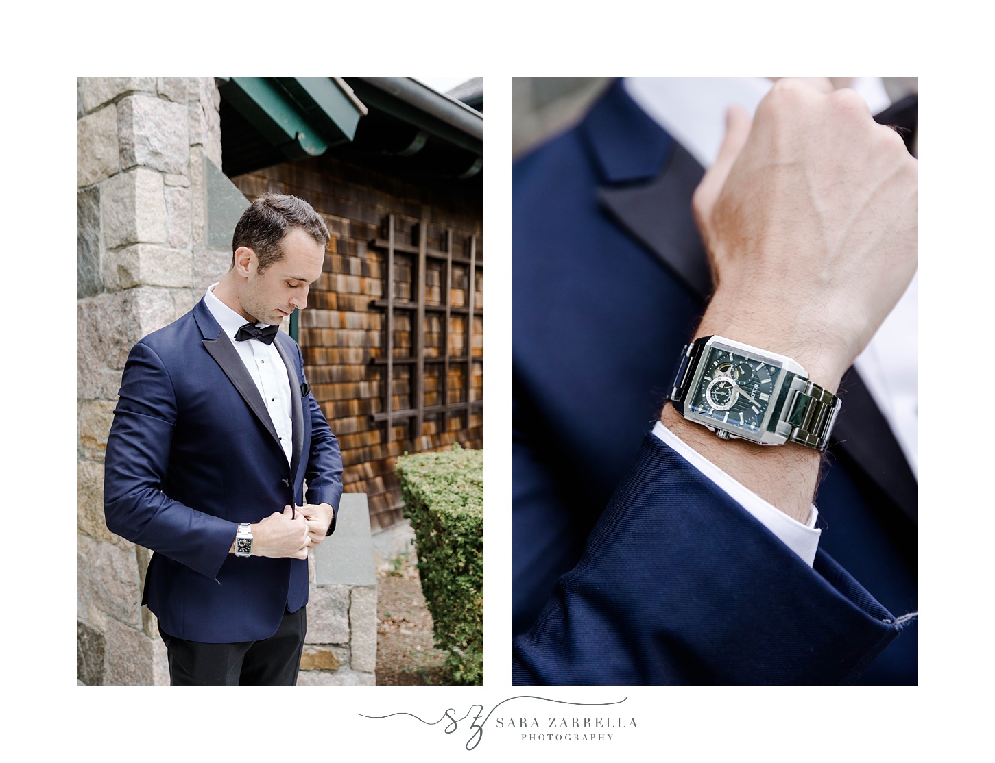 groom adjusts new watch on wrist in navy suit 