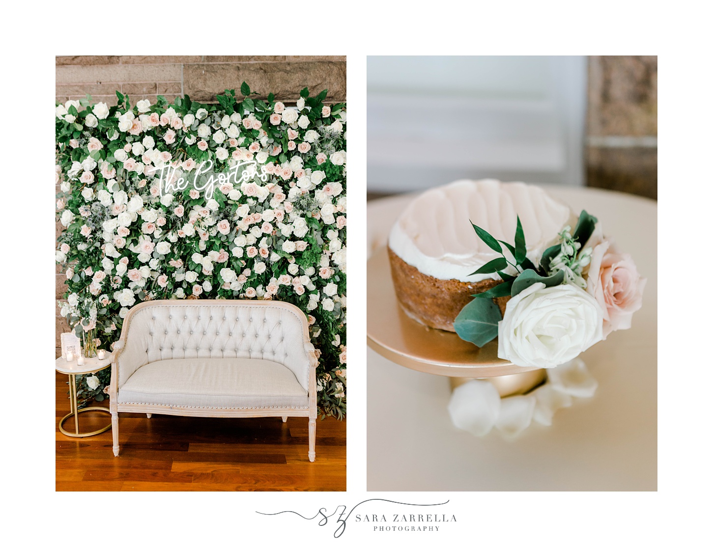 flower wall and sofa with one tiered wedding cake in Newport RI