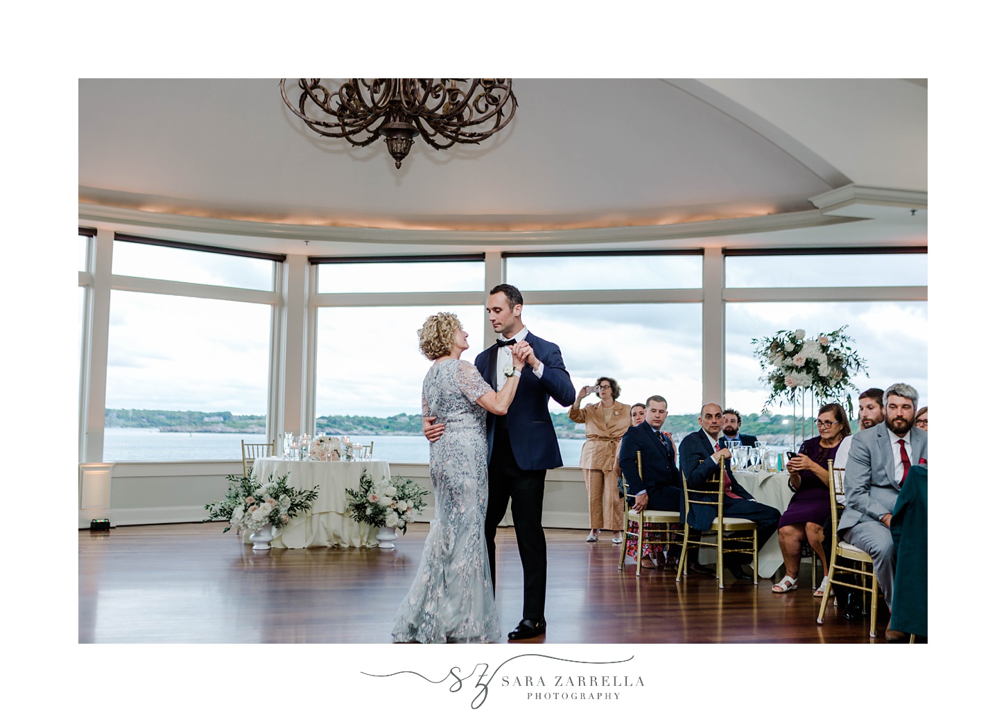 groom dances with mother during Newport RI wedding reception