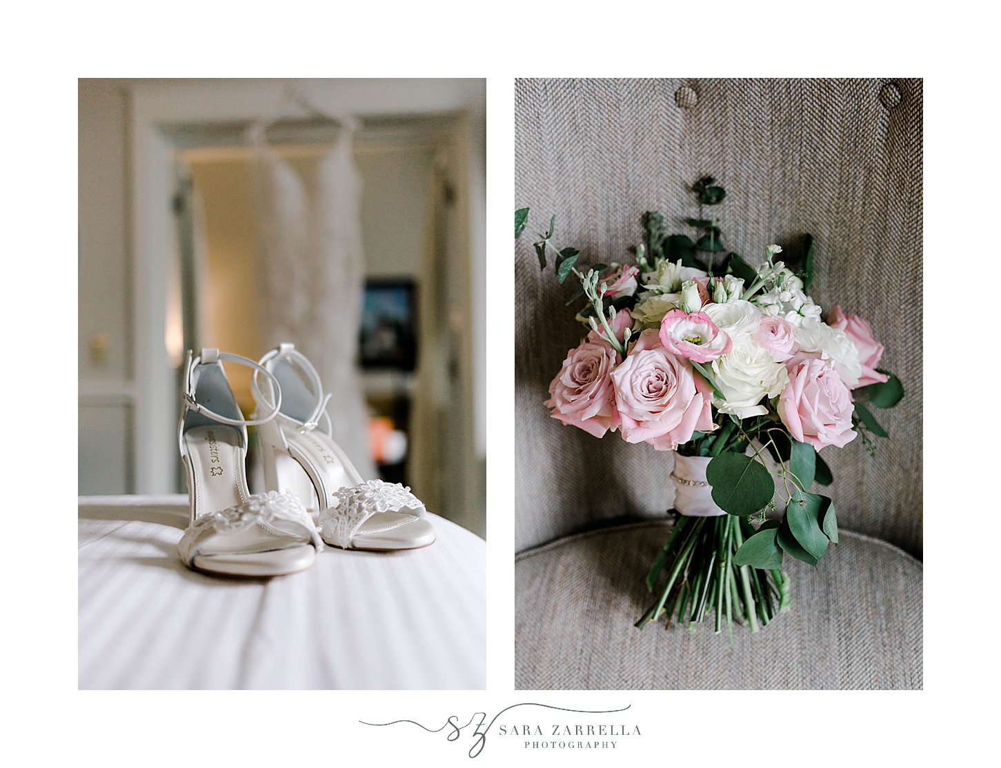 bride's shoes sit on bed in front of wedding dress with bouquet of pink and white flowers 
