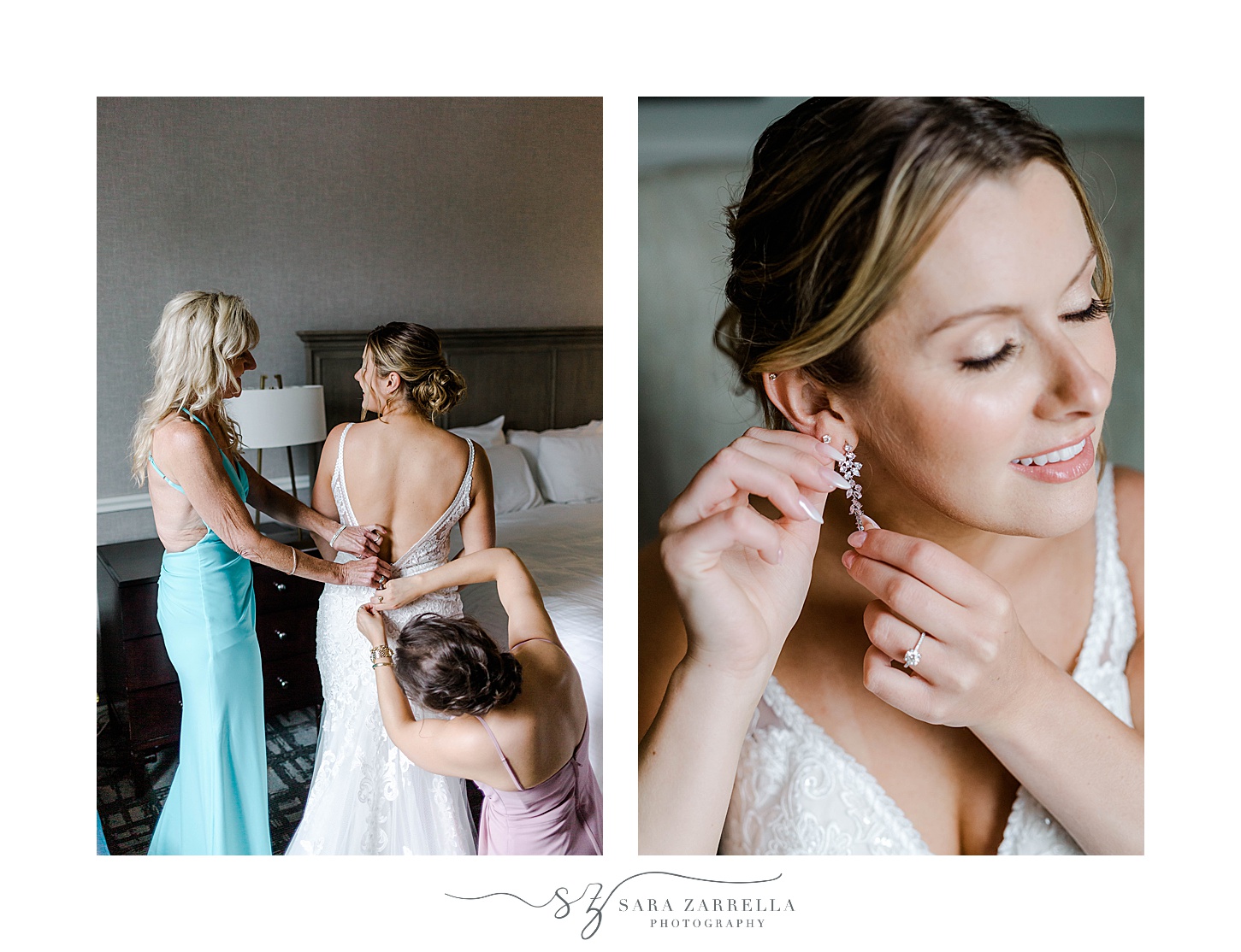 bride adjusts earrings preparing for Hotel Viking wedding