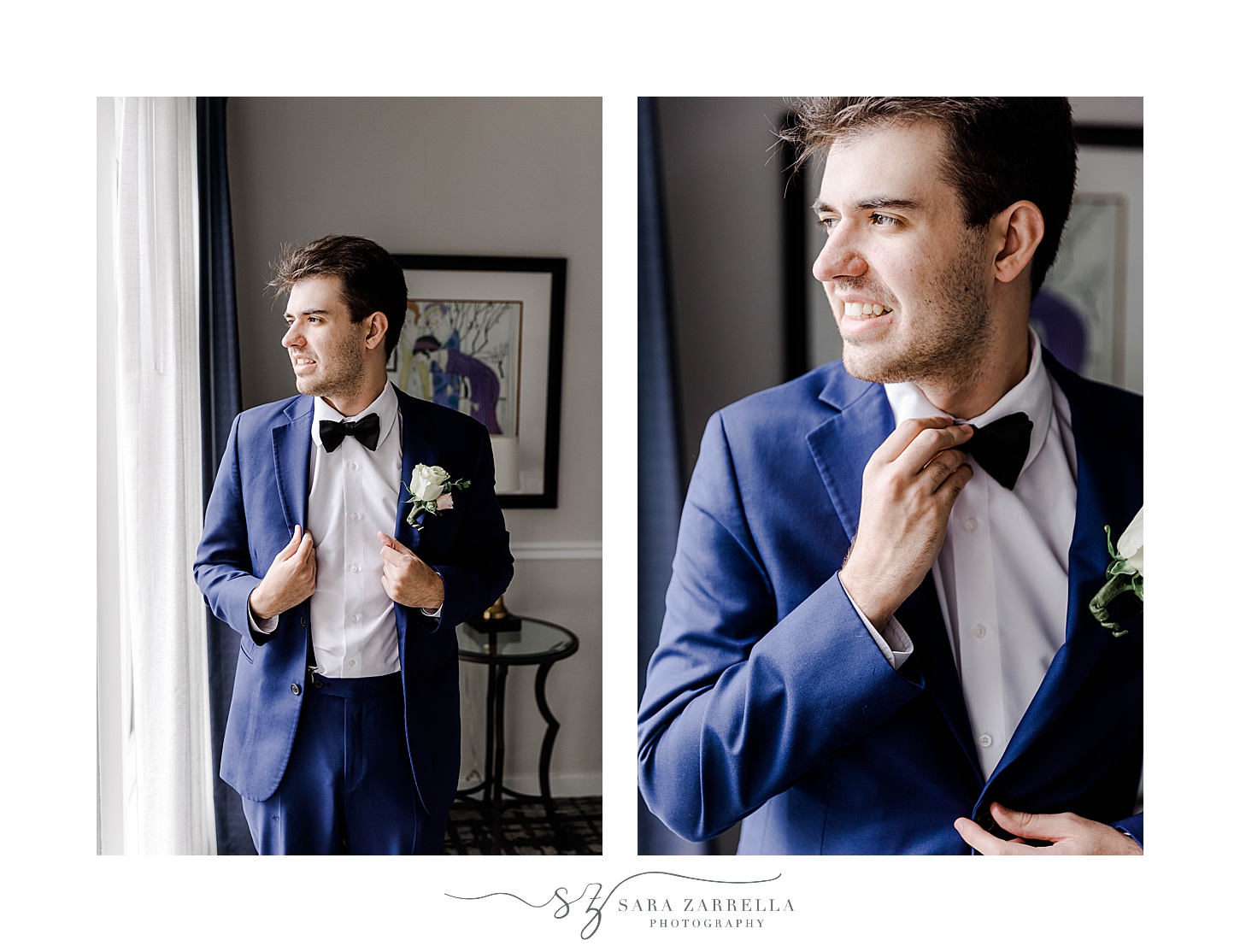 groom in navy suit with black bowtie at Hotel Viking