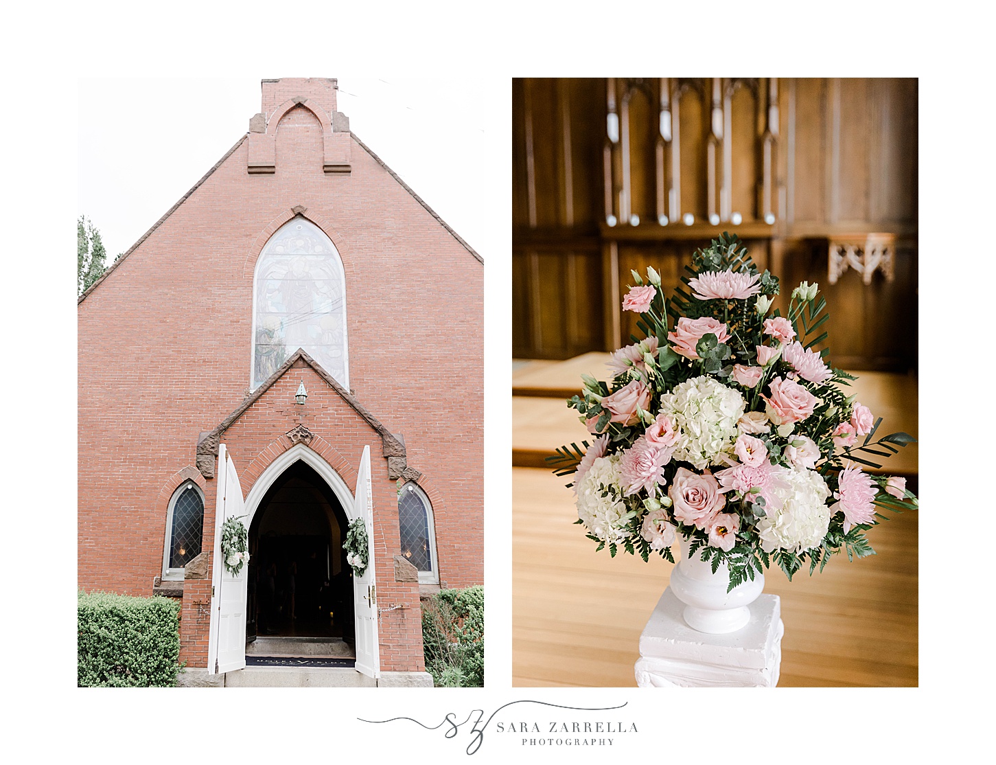 pink and white flowers for church wedding in Newport RI
