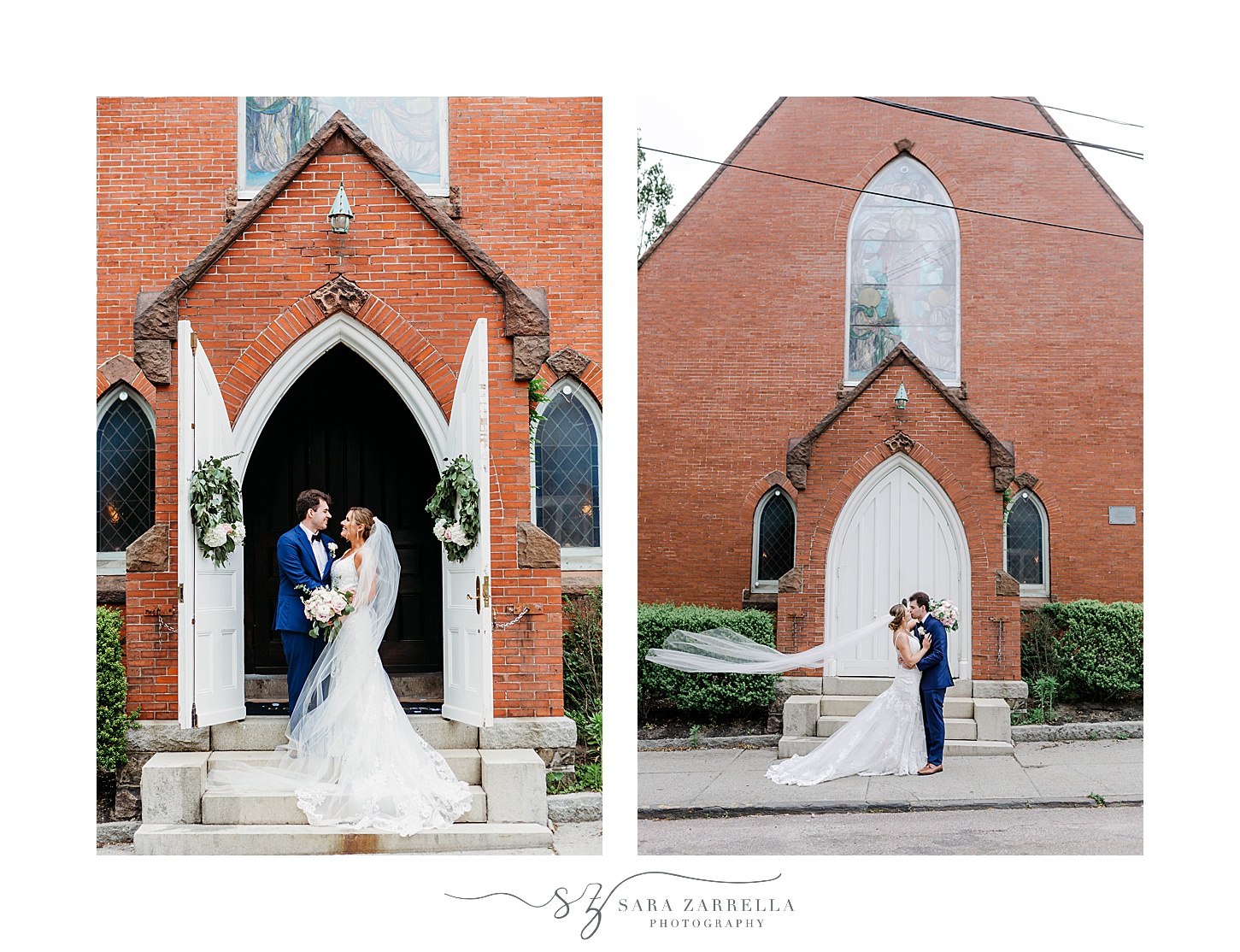 newlyweds kiss outside Rhode Island church