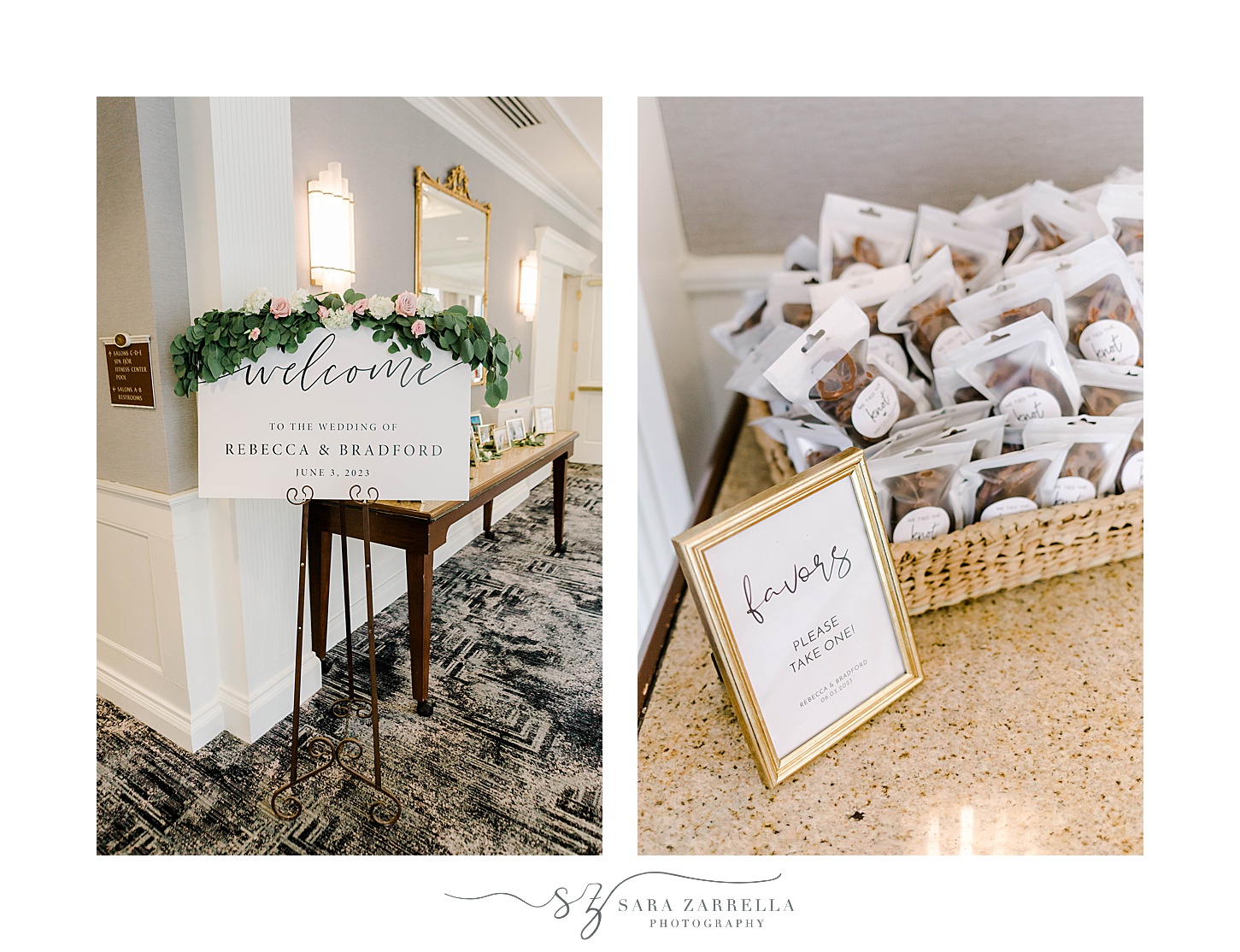 welcome sign and favors for wedding at the Hotel Viking