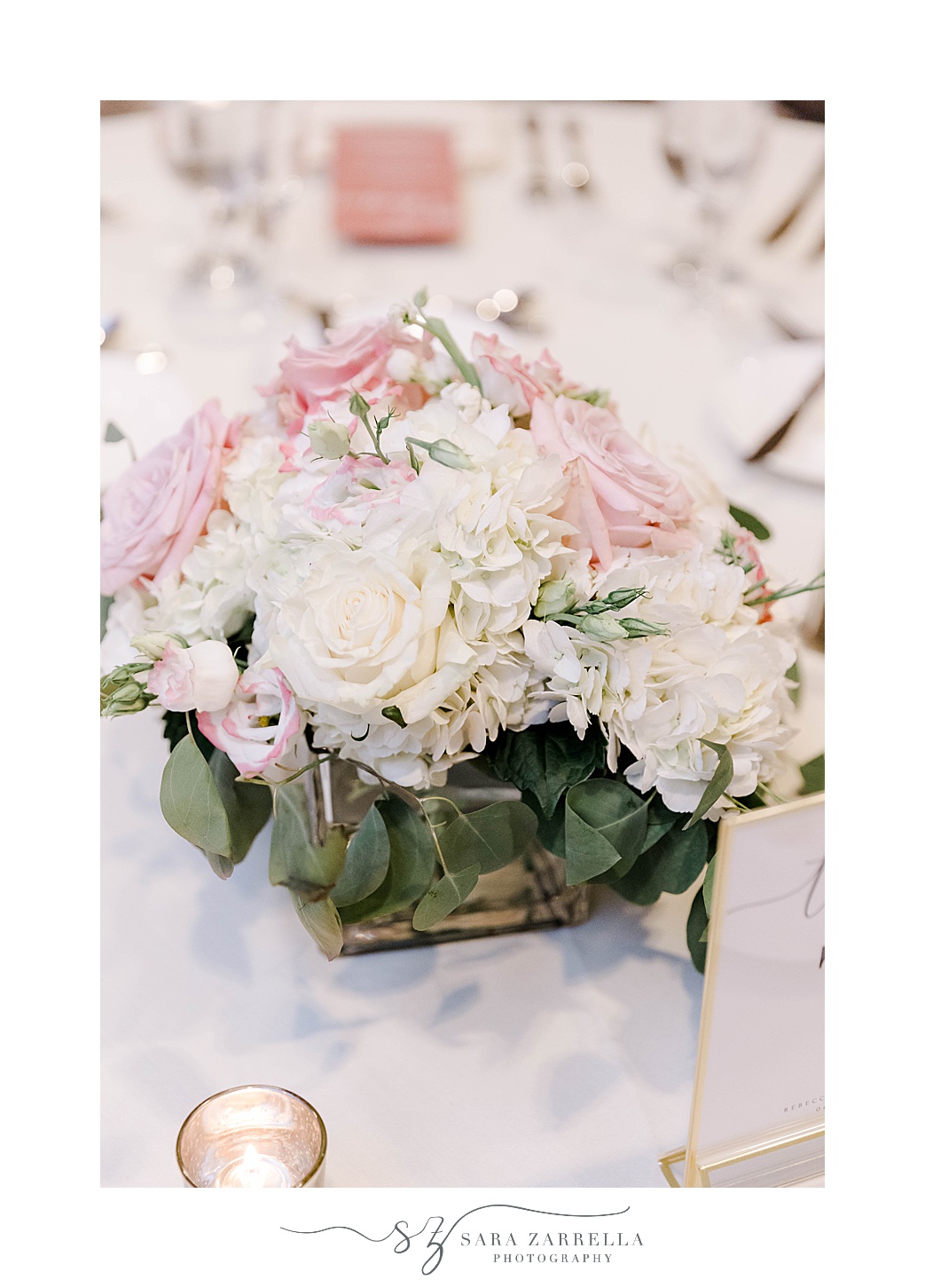 pink and white flower centerpiece during reception at the Hotel Viking