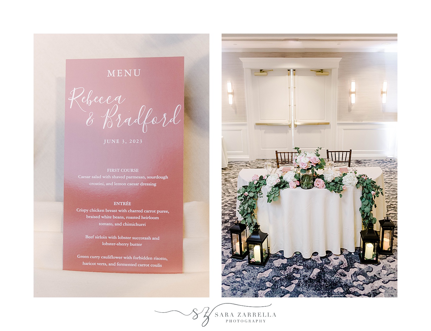 wedding reception with pink and white menu card
