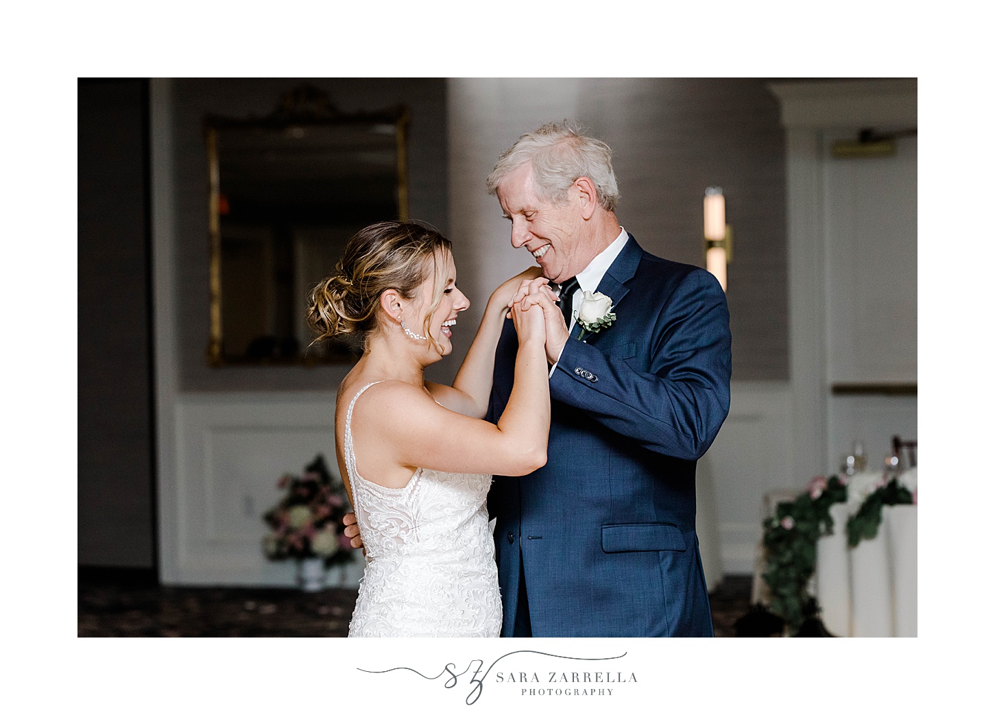 bride dances with father in navy suit during Newport RI wedding reception