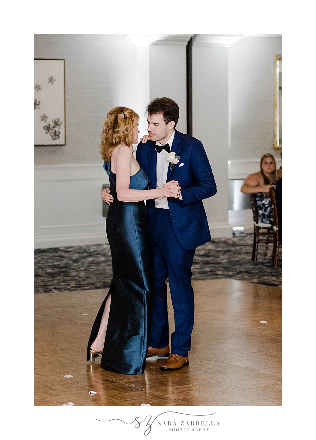 groom and mother dance during Newport RI wedding reception