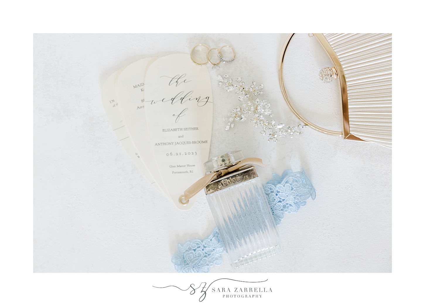 invitation and blue ribbon with bride's details for summer Glen Manor House wedding