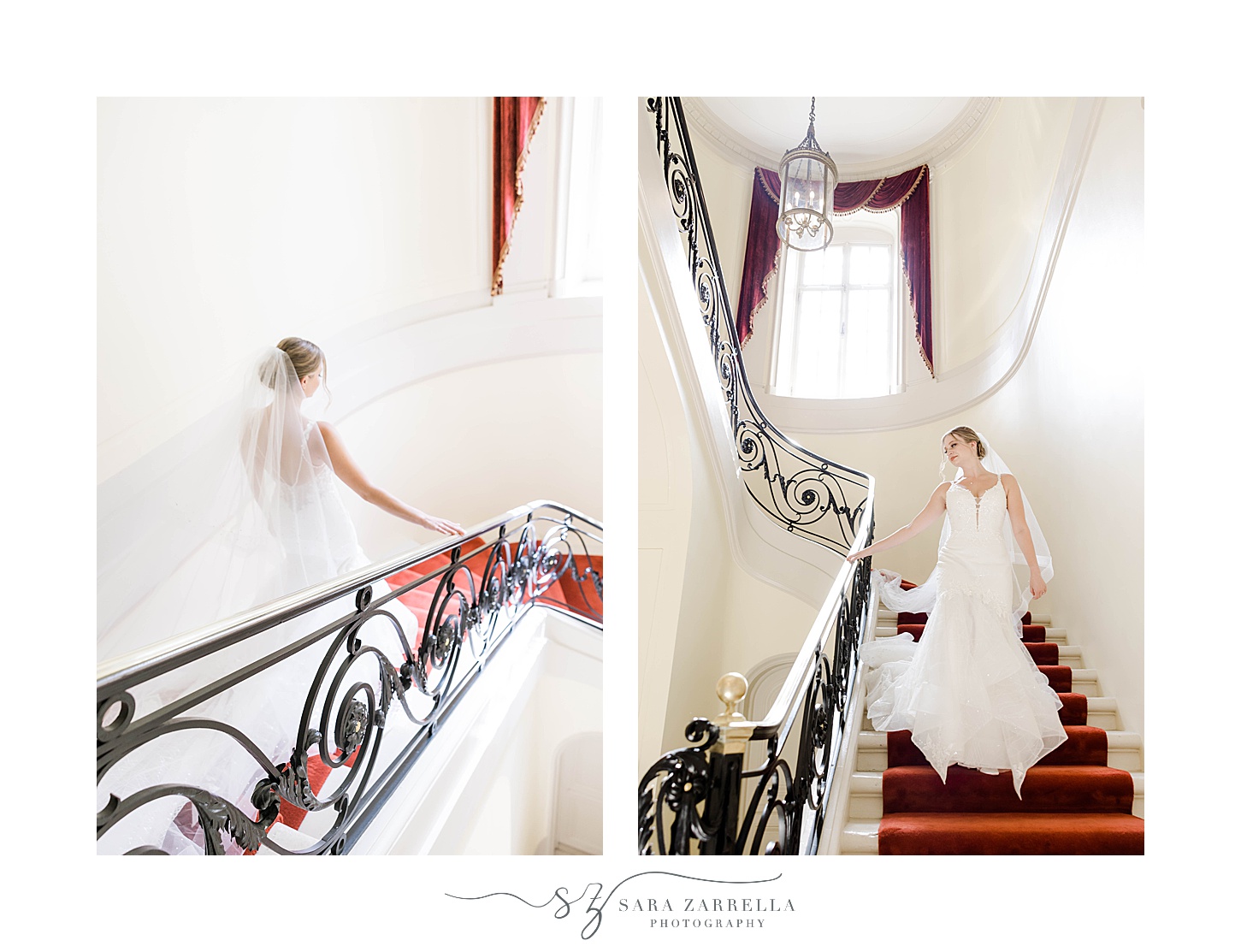 bride walks down steps in Glen Manor House
