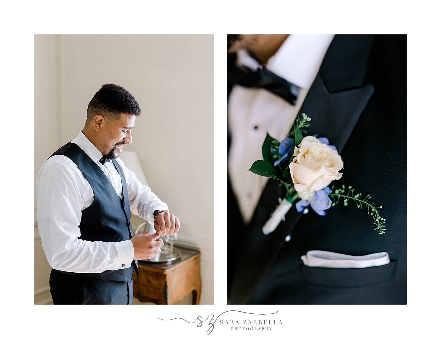 groom adjusts watch with rose boutonnière 