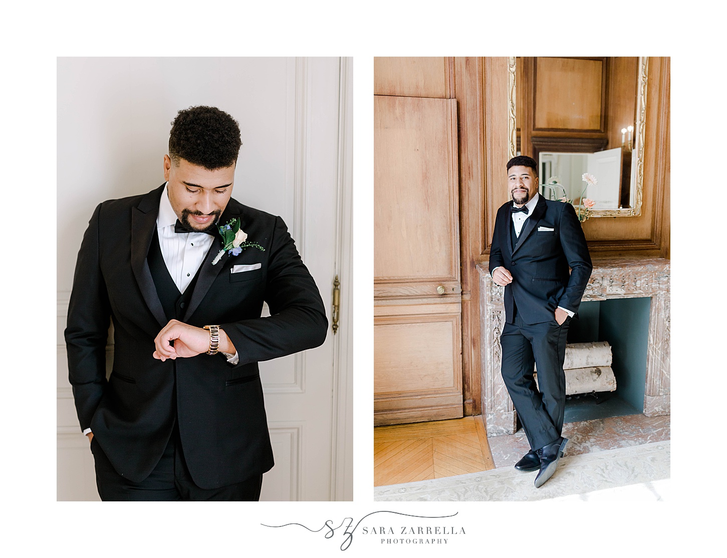 groom looks down at watch standing in suite at Glen Manor House