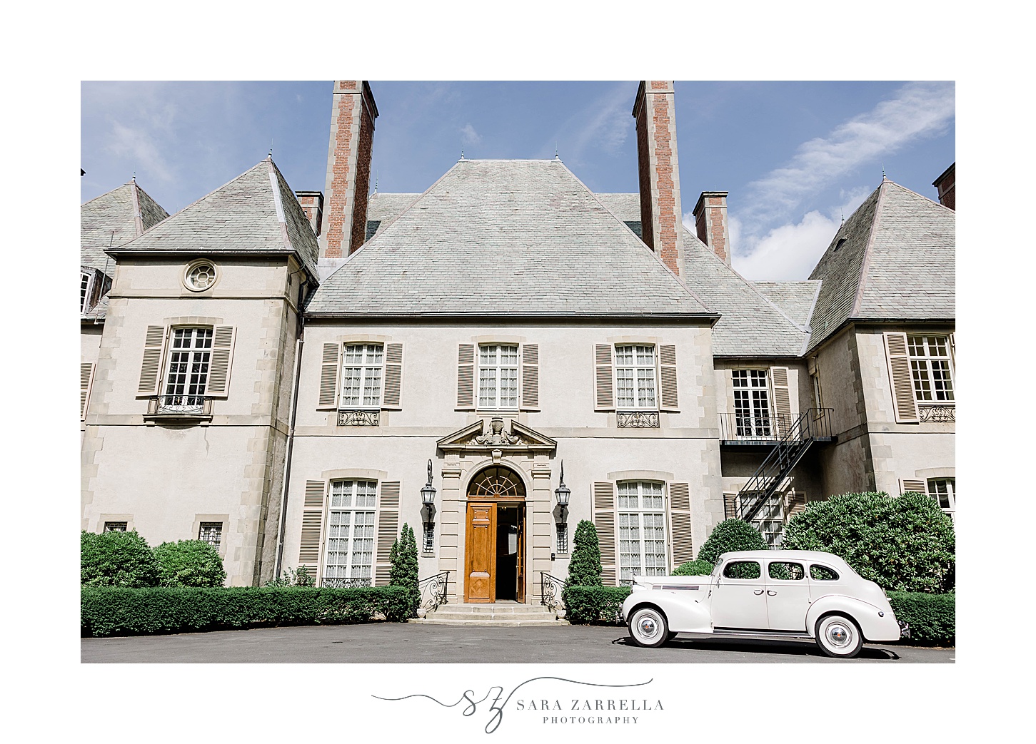 summer wedding day at Glen Manor House with classic car out front
