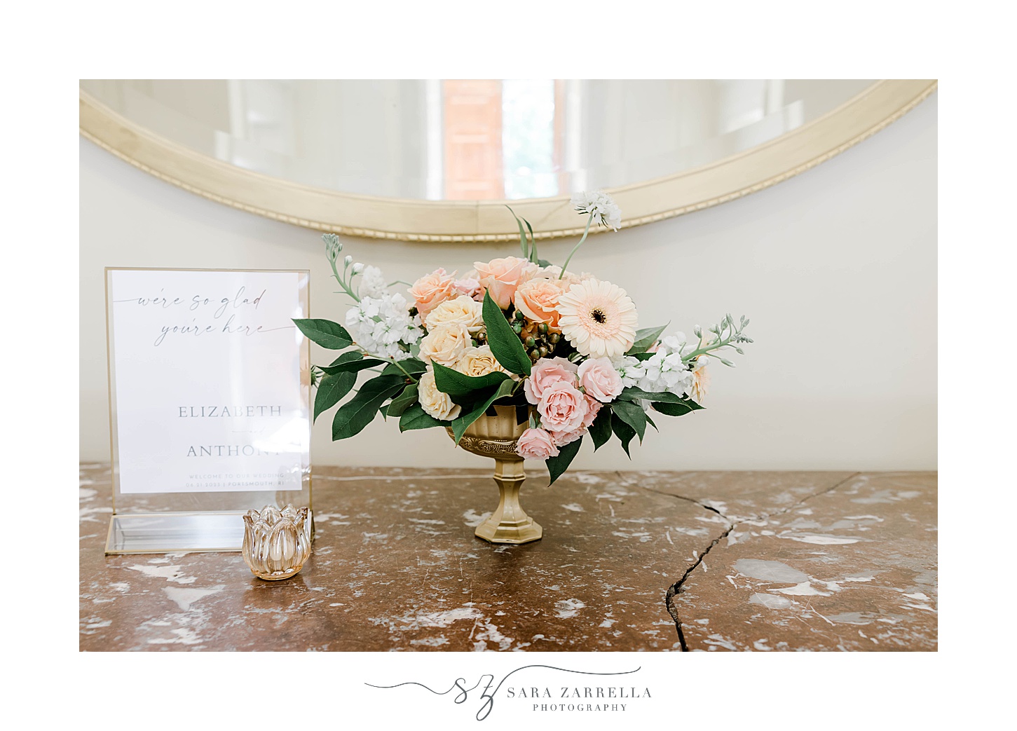 welcome table for ceremony at Glen Manor House with pink flowers 